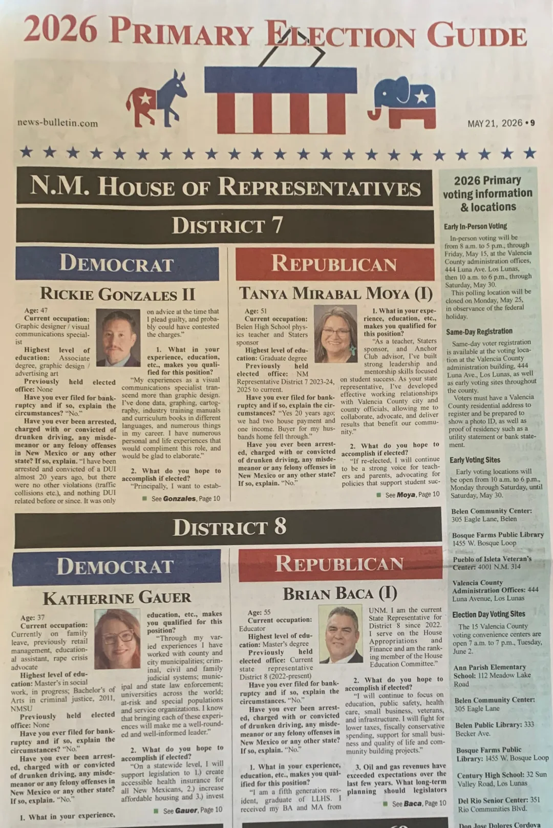 Photo featuring district 7 and district 8 candidate responses from the Valencia County News-Bulletin 2026 Primary Election Guide .